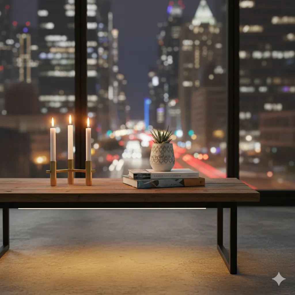 City Glow Living Set displayed on an urban style coffee table